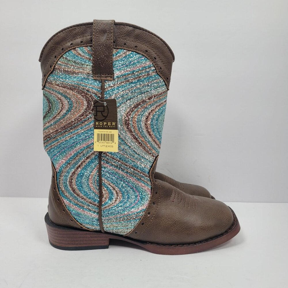 Roper Little Kids Brown Faux Leather Glitter Swirl Cowboy Boots US Size 1 NWT